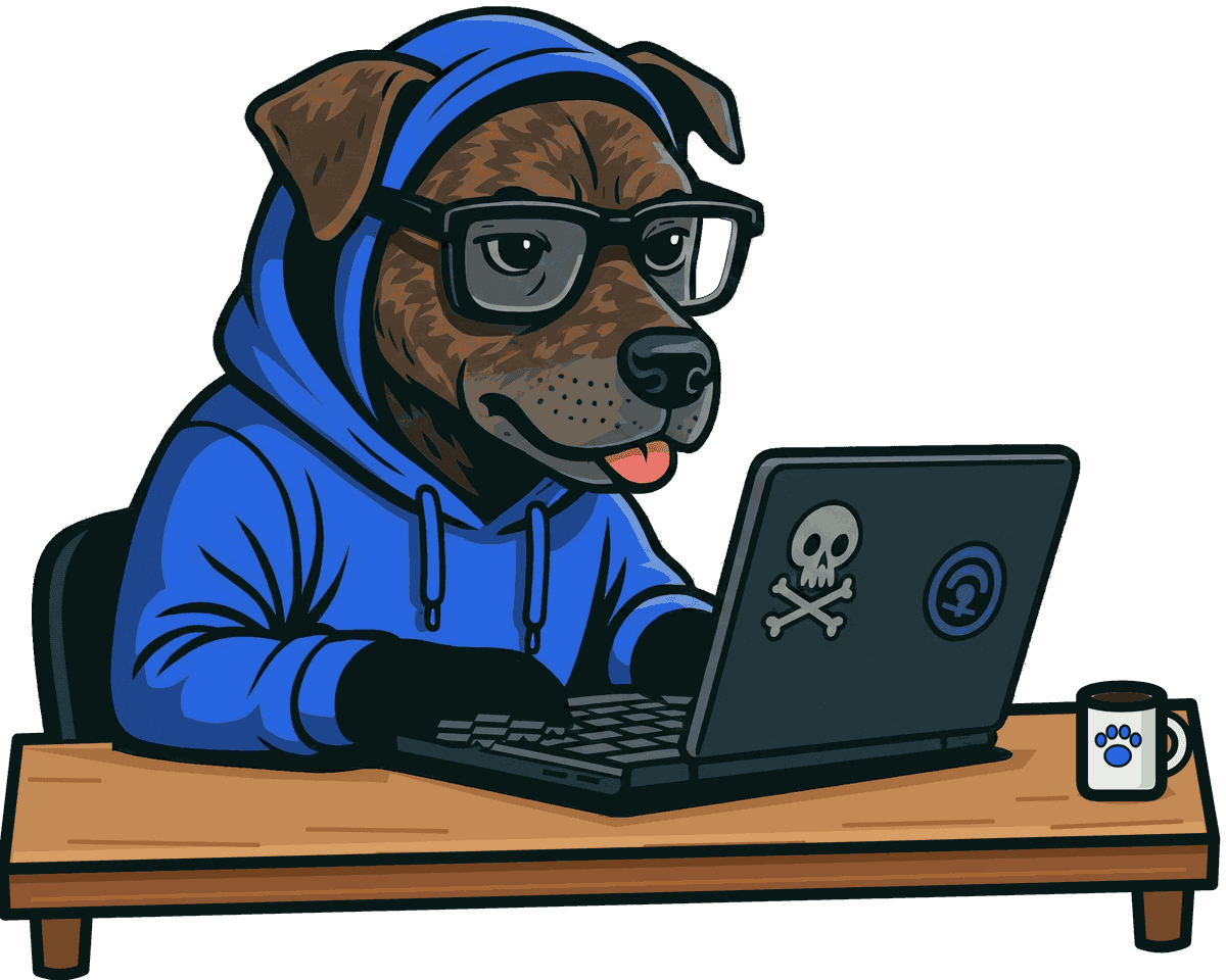 Chispi, a brindle dog in a blue hoodie, typing on a laptop at his desk
