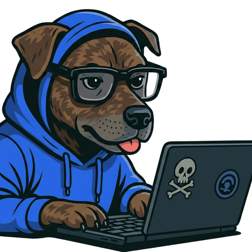 Fran's dog (pun intended) with a hoodie and a computer